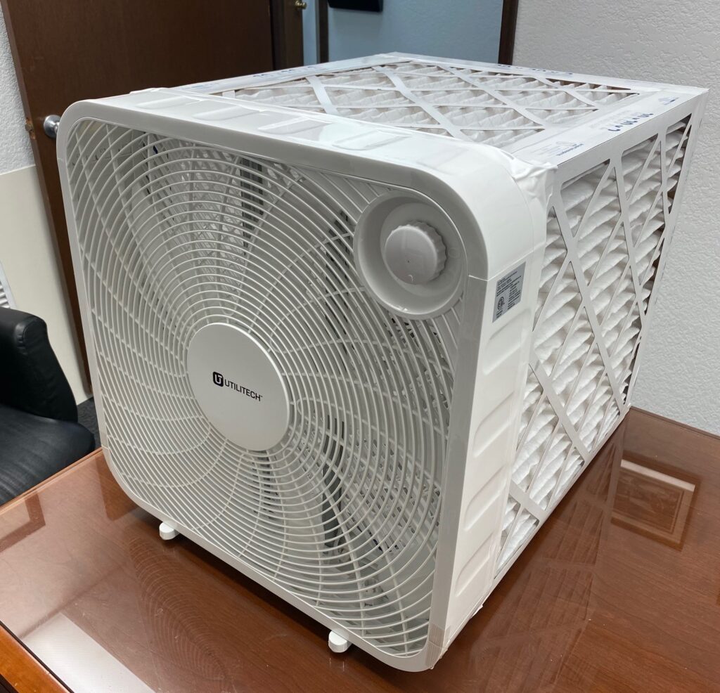 Corsi box filter with a box fan and air filters.